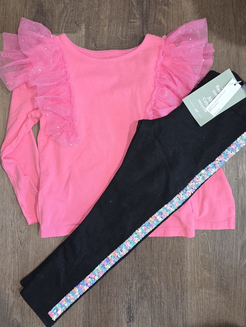 Girls Neon Pink Ruffle Sleeve Top with Black Sequin Trim Leggings